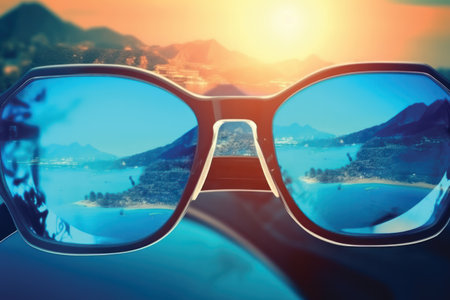 Sunglasses on the background of the sea and mountains at sunsetの素材