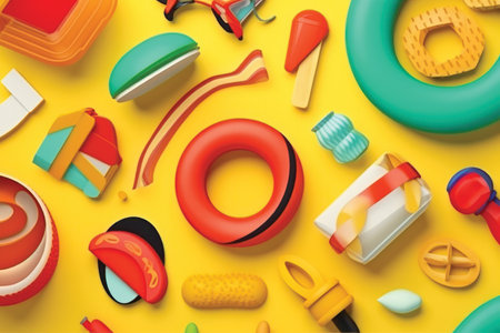 Colorful toys on yellow background. Top view. Flat lay.の素材