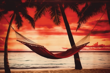 Hammock on tropical beach with palm trees at sunset. Vintage toneの素材