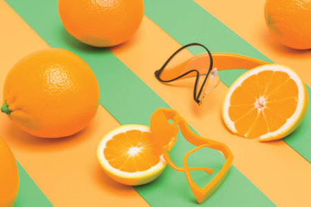 Creative layout made of oranges and glasses. Minimal summer conceptの素材