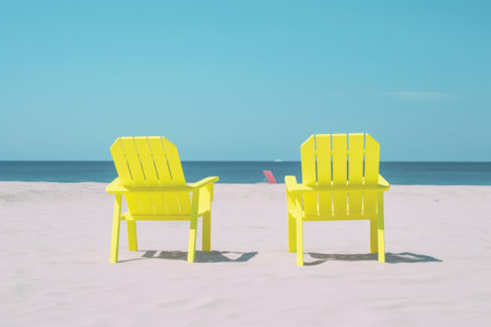Two yellow chairs on the white sand beach with blue sky background.の素材