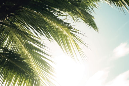 Coconut palm tree leaves with sunbeams and lens flare effectの素材