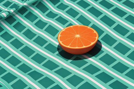 Orange on a green checkered tablecloth, 3d renderの素材