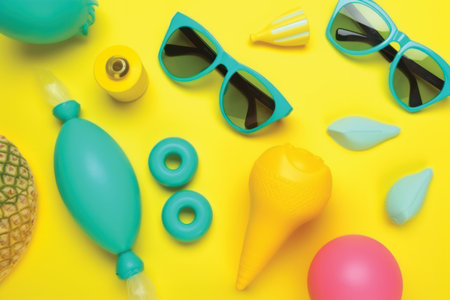 Flat lay composition of beach accessories on yellow background. Summer conceptの素材
