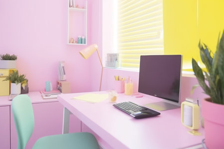 Workplace with computer on pink table in modern office. 3d renderingの素材