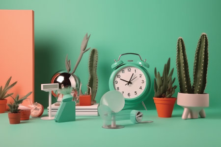 Alarm clock, cactus and succulents on green backgroundの素材