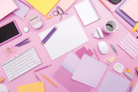 Top view of colorful office supplies on pink background. Flat lay.の素材