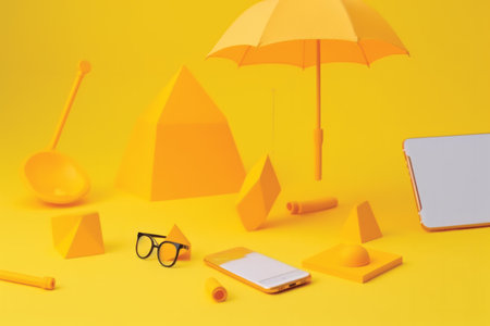Yellow summer background with smartphone, umbrella and beach accessories. 3d renderingの素材