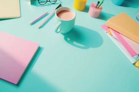 Flat lay photo of workspace with coffee cup and stationery on pastel blue backgroundの素材