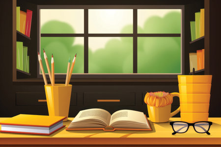 Books on the table in front of the window. Vector illustration.の素材