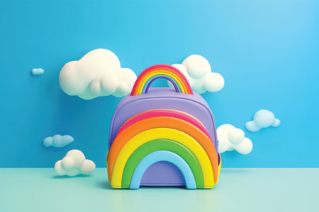Rainbow with clouds on blue background. 3d illustration. Minimal style.の素材