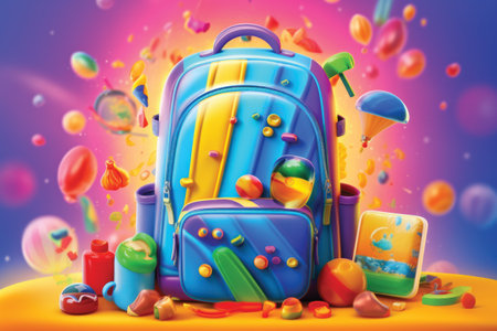 3D illustration of a blue travel bag with toys on colorful backgroundの素材
