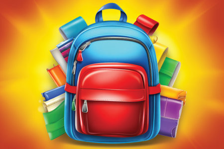 Back to school concept. School bag with books on colorful background. Vector illustrationの素材