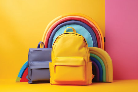 Colorful backpacks and rainbow on colorful background. Back to school concept.の素材