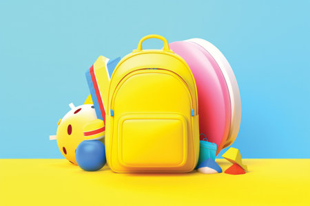 3d render of school supplies on a yellow and blue background.の素材