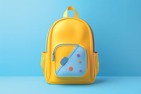 Yellow school backpack on blue background. Back to school concept. 3D Renderingの素材