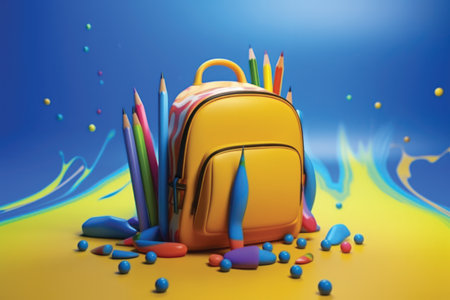 School bag with color pencils on colorful background. 3d illustrationの素材
