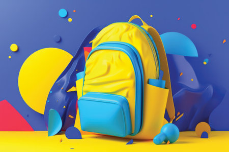 3d rendering of a yellow backpack on a blue background with geometric shapes.の素材