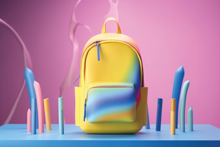 Yellow school backpack with school supplies on table. 3d render illustrationの素材