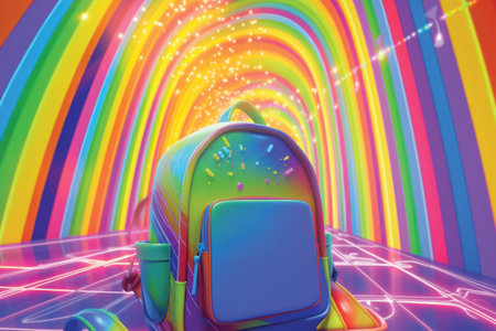 3d illustration of a school backpack with a bright rainbow background.の素材