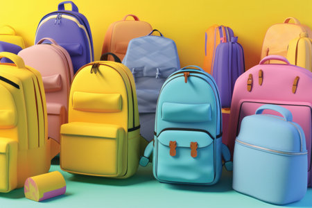 Group of colorful backpacks on a yellow background. 3d renderingの素材