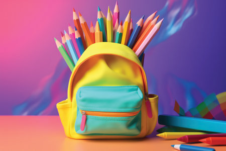 School backpack with colorful pencils and markers on colorful background. Back to school conceptの素材