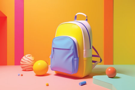 Back to school concept. Backpack and balls on colorful background. 3D Renderingの素材