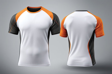 Soccer jersey template for football kit or soccer uniform, orange and black t-shirt with front and back view.の素材