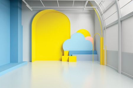 3d render of abstract interior with yellow and blue color and cloudの素材