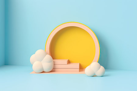 Minimal scene with podium and cotton flowers. 3d render.の素材