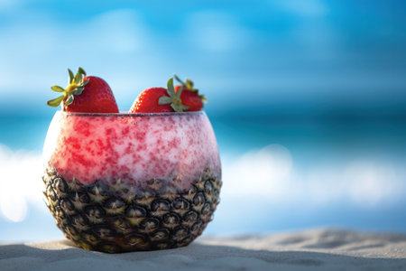 Strawberry dessert in a glass on the beach with sea backgroundの素材