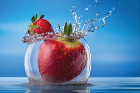 Strawberry splashing into a glass vase on blue backgroundの素材