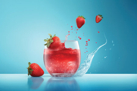 strawberry juice splashing into a glass on a blue backgroundの素材