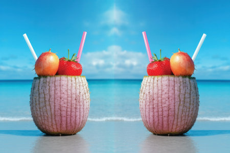 Cocktail in coconut with straws on the beach. Summer conceptの素材