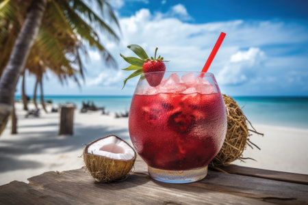 Cocktail on the beach with coconut and strawberry. Summer conceptの素材