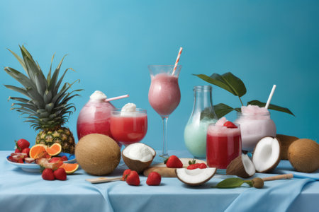 Cocktails with coconut, strawberry, pineapple and coconut on blue backgroundの素材