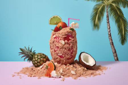 Fruit cocktail in the form of a monster on a pink backgroundの素材
