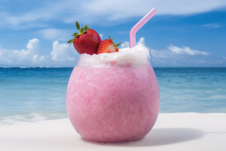 Strawberry smoothie on white sand beach with blue sea and sky backgroundの素材