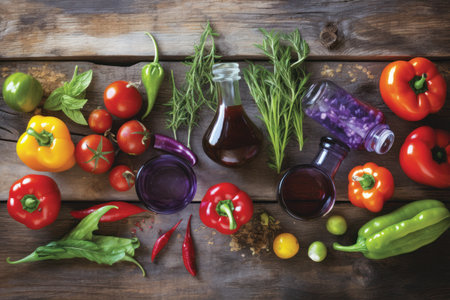Fresh vegetables and spices on a wooden background. Top view, flat layの素材