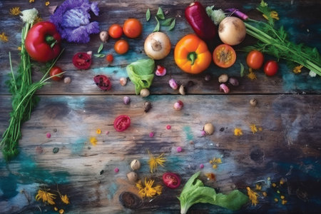 Healthy food background. Vegetables and fruits on rustic wooden tableの素材