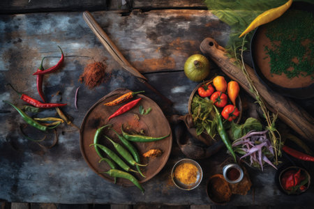 Spices and herbs in a wooden bowl on rustic background.の素材