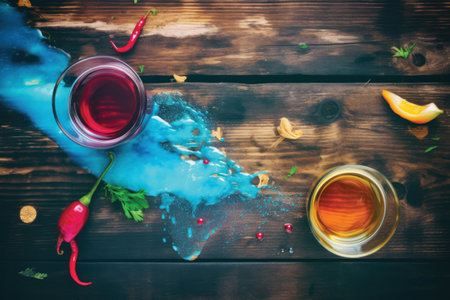 Two glasses of red wine with red hot chili peppers on wooden backgroundの素材