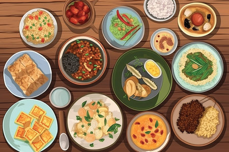 Traditional oriental food top view. Fried rice with meat, meat and vegetables, fried dumplings, omelet, chickpea pie, rice pudding, eggplant soup, dumplings, omelet on wooden tableの素材