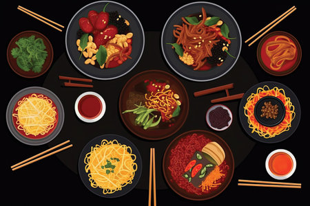 Noodles and chopsticks set on black table top view vector illustrationの素材
