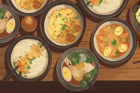 Top view of Asian food on wooden table background. Vector illustration.の素材
