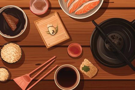Top view of japanese food on wooden table. Vector illustrationの素材