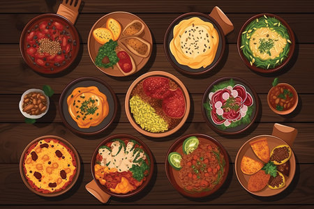 Mexican food top view vector illustration. Traditional mexican food set.の素材