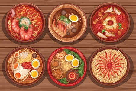 Japanese soup with shrimps, shrimps, shrimps, noodles, vegetables, fried eggs, hot pot, shrimps, omelet, rice noodles, udon noodles, shrimps, kimchi. Vector illustrationの素材