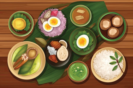 Illustration of a set of traditional Thai food on a wooden backgroundの素材