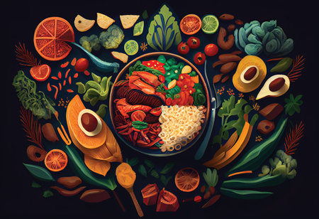 Healthy food concept with pasta, vegetables and seafood. Vector illustrationの素材